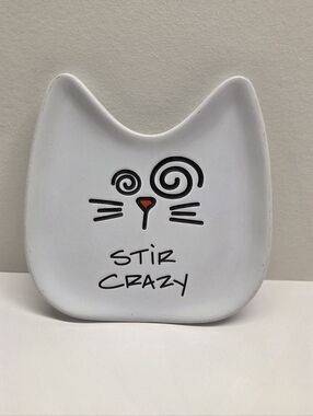 Blobby Cat Cat Spoon Rest "Stir Crazy" White Ceramic 5"